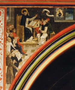 Façade du jubé, ogive de gauche, le savant Dominique enseigne à l'ambon sur la croyance mariale.